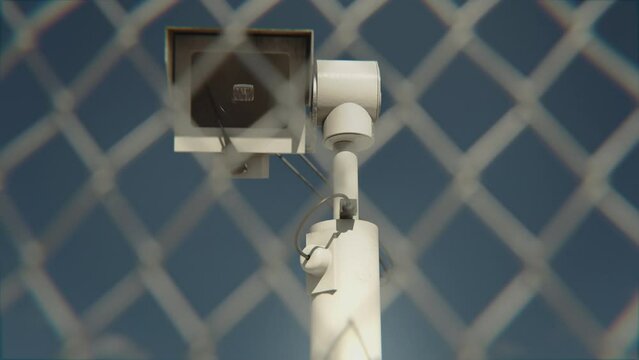 Security camera at border crossing zooming in. Immigrants seen in the lens reflection.