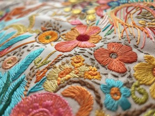 Buntes und farbenfrohes Stickmuster auf Stoff: Kreative Blumenmotive, Generative AI