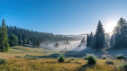 Rays of the morning sun breaking through the clouds and fog to the clearing of coniferous forests. Generative ai.