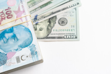 Dollar and lira bills. Correlation between different currencies. Dollar and Turkish lira.