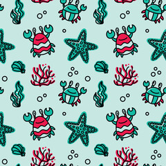 Funny crab and sea life. Children's print on a turquoise background. Seamless pattern.