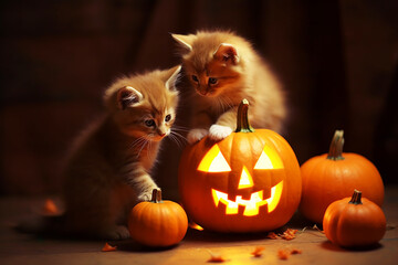 Kittens play with halloween pumpkins. Generatiive AI