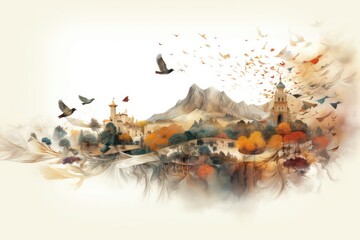 Birds over fairy village double exposure illustration - Generative AI.