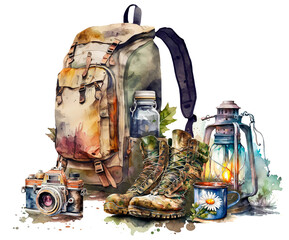 Watercolor camping, backpack, camera, boots, cup