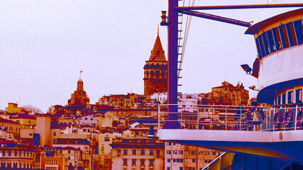 Galata Tower behind the ferry and buildings, in Istanbul. Romanesque style Retro coloring.