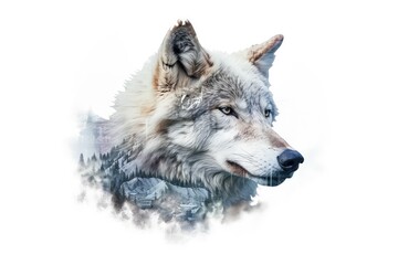 Wolf and winter landscape double exposure illustration - Generative AI.