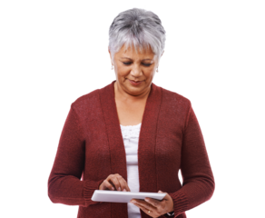Typing, senior woman and reading on tablet or isolated, transparent and png background. Elderly person, technology and search for information online, communication and social media on internet app
