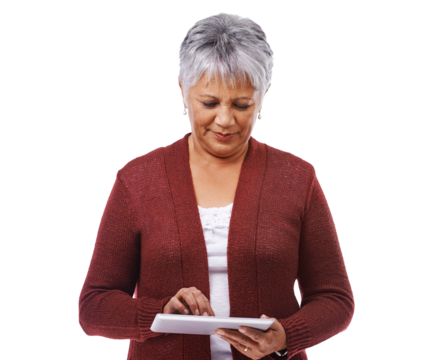 Typing, senior woman and reading on tablet or isolated, transparent and png background. Elderly person, technology and search for information online, communication and social media on internet app