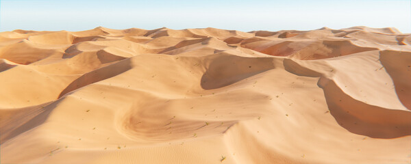 Fototapeta na wymiar Desert dune panorama. Beautiful sand dunes in Sahara desert. Panorama of sand dunes. Endless dunes of yellow sand. Desert landscape Waves sand nature