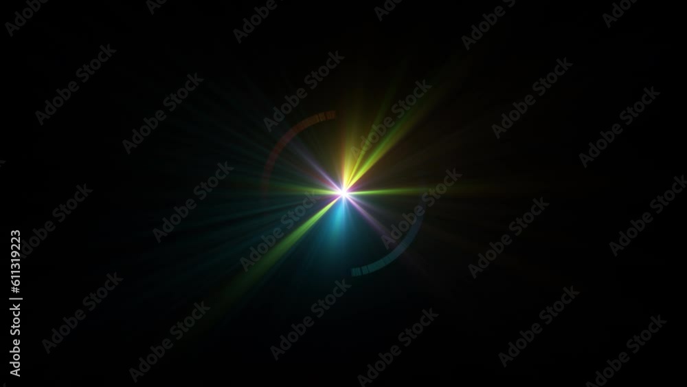 Poster loop center colorful star optical flare shine rays on black abstract background for screen project o