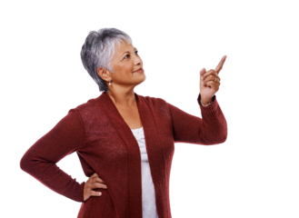 Isolated senior woman, point and thinking with smile, ideas and happy by transparent png background. Elderly lady, finger and vision with review, suggestion or direction in retirement with fashion