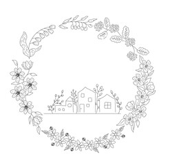 ファンシーな家並みと植物 リース飾り手書き