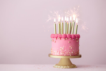 Pink and gold birthday cake with gold birthday candles and celebration sparklers