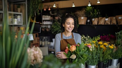 Happy florist selling plants and flower to client. Image ai generate. Generative AI