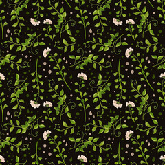 Greenery. Seamless watercolor pattern with green branches and white flowers. Vegetation, nature. Bright summer natural pattern on a black background.