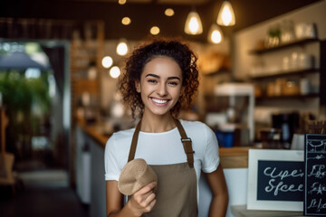 A smiling girl holding a white sign with a hashtag, behind her is a coffee shop business. Image ai generate. Generative AI