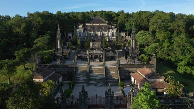 Khai Dinh Tomb near the Imperial City with the Purple Forbidden City within the Citadel in Hue, Vietnam. Imperial Royal Palace of Nguyen dynasty in Hue. Hue is a popular