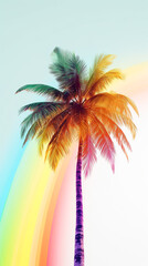 Fototapeta na wymiar Single palm tree on white background with rainbow color splash