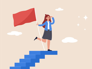 Woman leadership concept. Success fearless female entrepreneur, Challenge and achievement, success businesswoman on top of career staircase holding winning flag looking for future visionary.