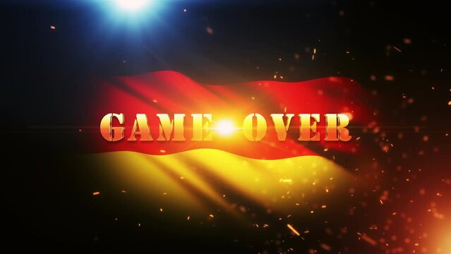 Game Over gold text motion with fire burst and golden particles cinematic trailer title background with Germany flag abstract background. 