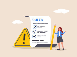 Fototapeta Rules and regulations concept. Policy and guideline for employee to follow, legal term, corporate compliance or laws, standard procedure, businesswoman finish writing rules and regulations document. obraz