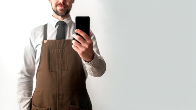 Business owner worker in apron on blank white banner with a mobile phone in hand. Image ai generate. Generative AI