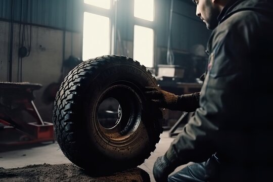 dirt on the wheel. mechanic holding a tire at the repair. Image ai generate. Generative AI