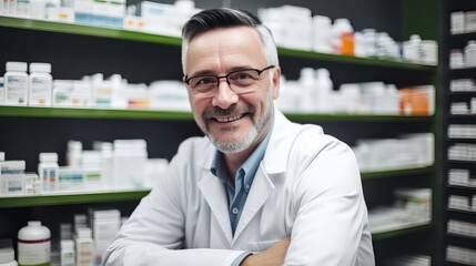 Happy mature pharmacist in a pharmacy. Image ai generate. Generative AI