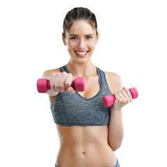 Woman, fitness and portrait with dumbbell and smile isolated on a transparent, png background....