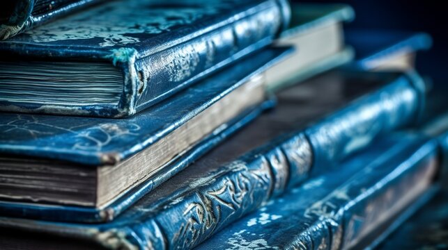 Macro photo of very worn blue vintage books, Generative AI