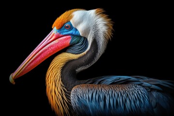 Fototapeta premium Pelican in profile on a black background space for text copy space generative ai