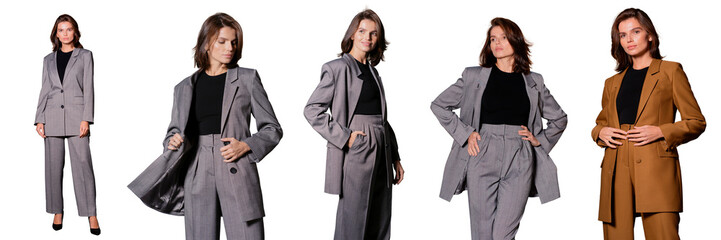 Collection of a woman in a stylish office suit and jacket, an employee for the office. Transparent background, png.