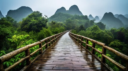 Fototapeta na wymiar Route through the bamboo forest in the rain, Generative AI