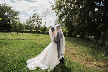 A curly-haired brunette bride in a white dress and a veiled groom embrace and kiss. Portrait of the bride and groom. Beautiful makeup and hair. Wedding in nature