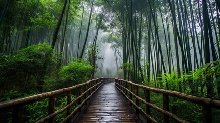 Fototapeta premium Route through the bamboo forest in the rain, Generative AI