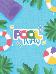 Summer pool party poster. Bright and fun advertising poster template for pool party. Colorful swimming ring, beach ball and letters float on water. Summer background.
