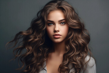 Fototapeta premium Beautiful model girl with long wavy and shiny hair. Brunette woman with curly hairstyle. Generative AI