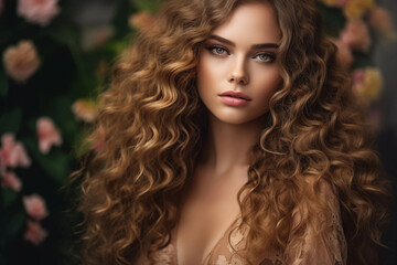 Fototapeta premium Beautiful model girl with long wavy and shiny hair. Brunette woman with curly hairstyle. Generative AI