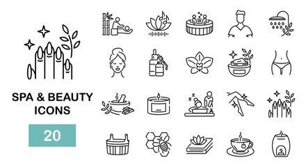 Spa and beauty line icons. Salon treatment, massage therapy outline icons set. Vector illustration