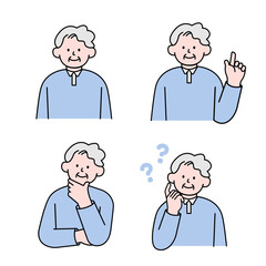 An elderly man is in a thinking pose, questioning, and pointing her finger, simple style vector illustration.
