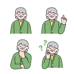 An elderly woman is in a thinking pose, questioning, and pointing her finger, simple style vector illustration.