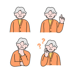 An elderly woman is in a thinking pose, questioning, and pointing her finger, simple style vector illustration.