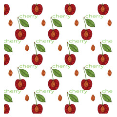 Pattern of stylized cherries with leaves and slices. Green, red colors. Composition on a white background.
