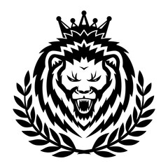 Lion with crown and laurel wreath icon on white background.