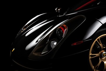 Fototapeta na wymiar Black Sports Car Front - 3D Render, Dramatic Lighting, Black Background - Close Up 