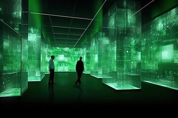 Fototapeta na wymiar Green-Lit Data Center: Detailed Interactive Art with Low Spacial Lighting