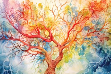 Naklejka na ściany i meble Metaphysical Neurons: Vibrant Watercolor Painting of Tree of Life