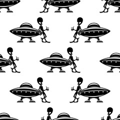 Seamless pattern with extraterrestrial alien on white background.