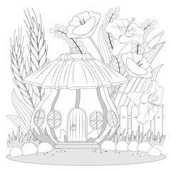Cartoon fairytale pumpkin house, fence, flowers, leaves, wheat ears. Coloring book page for adults. Vector illusrtation