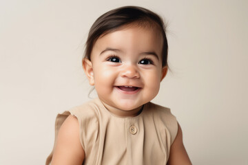 Close-up portrait of a smiling Mexican toddler girl in front of a white background with copy space. Advertising template for children's products. Photorealistic illustration generative AI.
